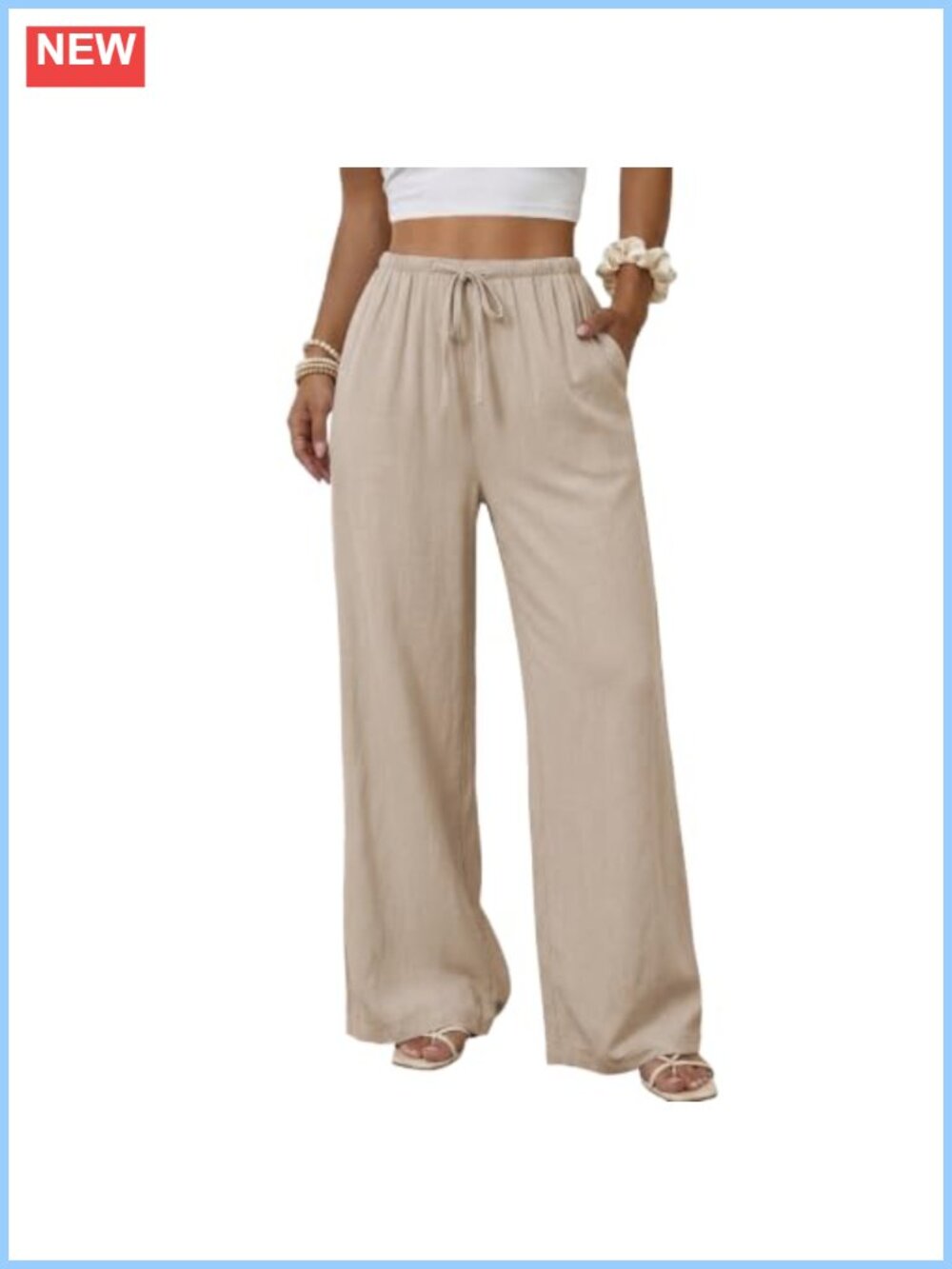 Cotton Linen Wide Leg Palazzo Pants with Pockets Drawstring Elastic Waist